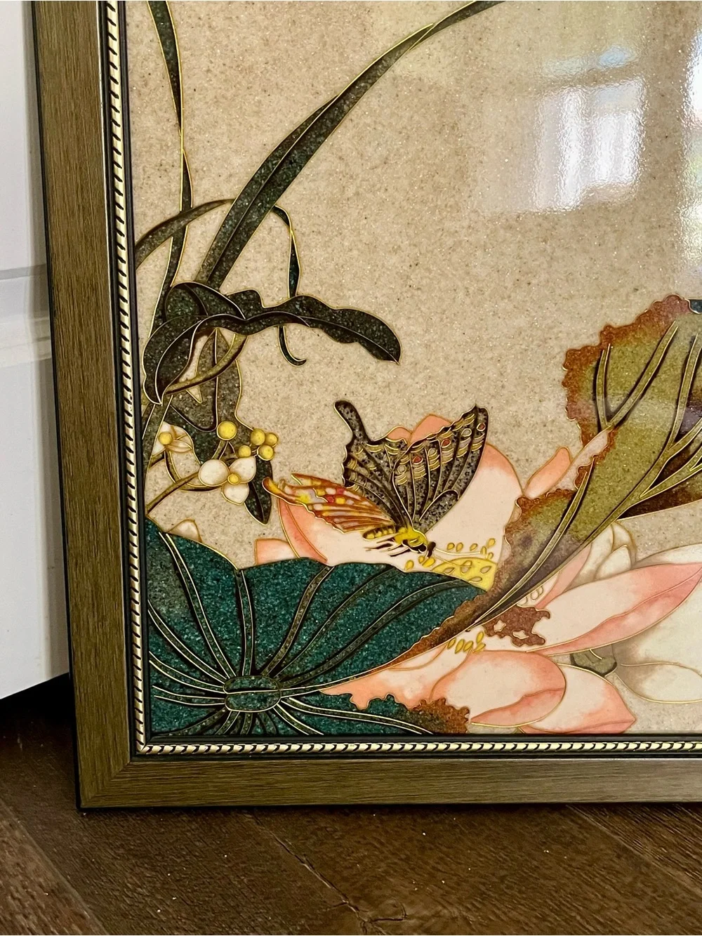 Vintage Ceramic Tile Art Arrangement Of Botanical And Butterfly Motif 18/19 Inch
